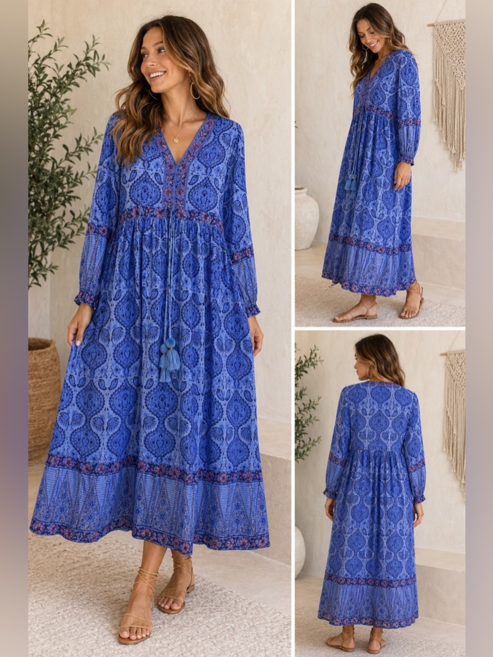 Bella Tu Paisley Embroidered Maxi Dress Boho Tassel 100% Cotton Cerulean Small